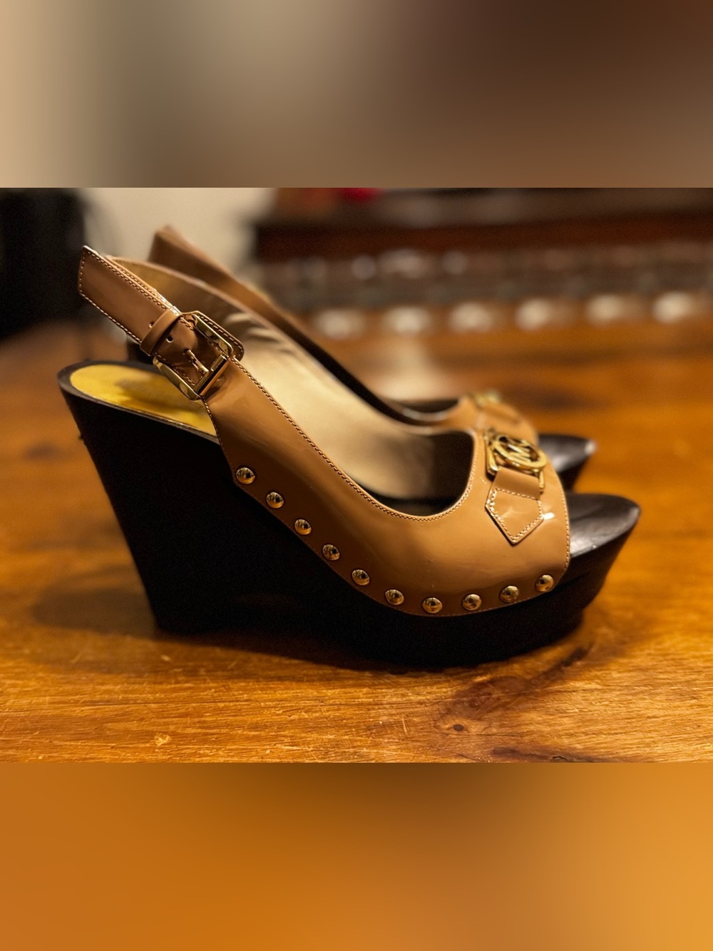 Michael Kors Tan Leather Logo Platform Wedge Sandals with Gold Hardware